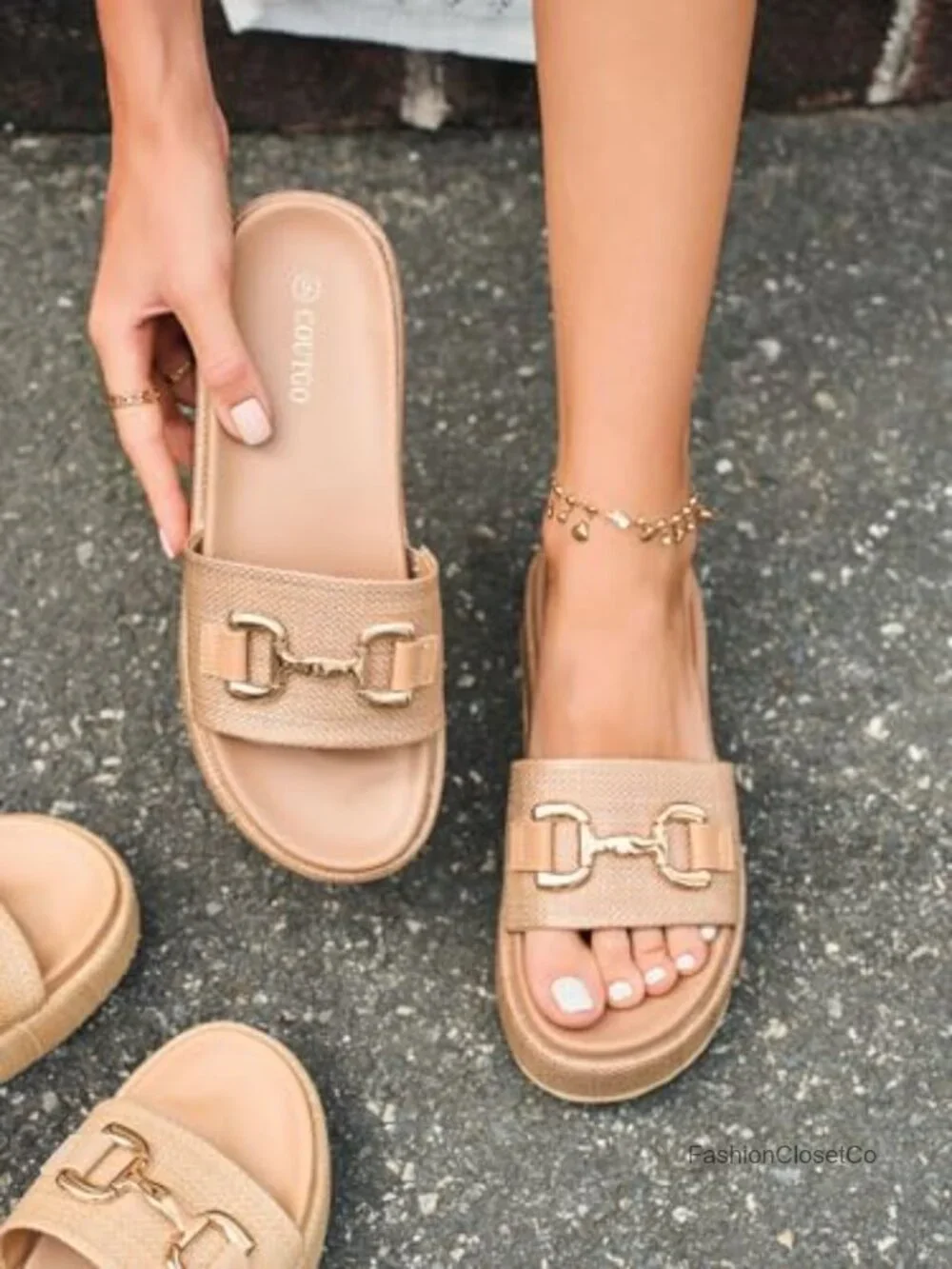 Raffia Platform Sandals with Metal Chain Espadrilles Slides